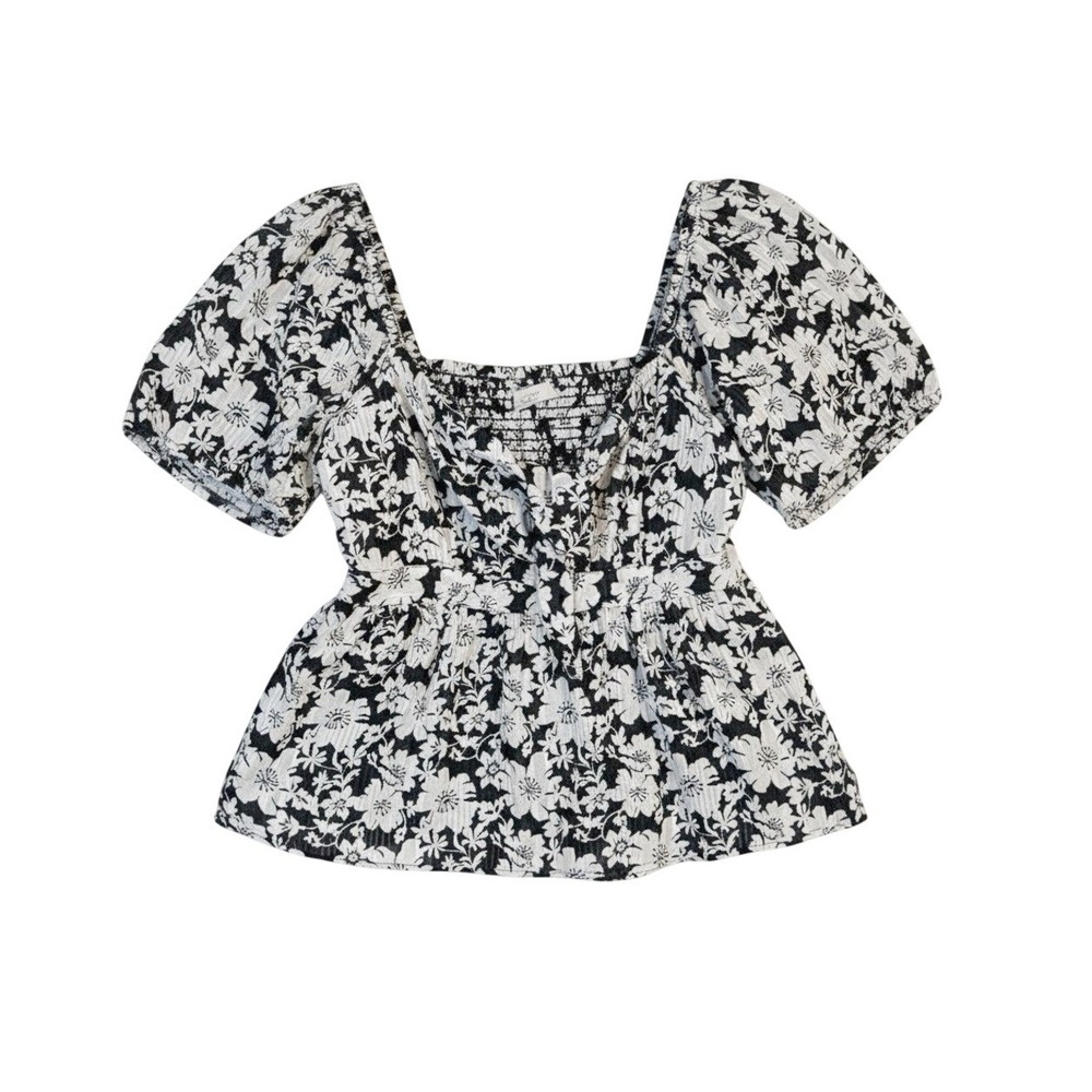 LOFT Floral Puff Sleeve Top Black White Smocked Back Square Neck Blouse Large